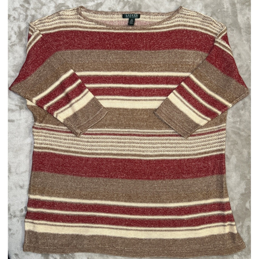 Lauren Ralph Lauren Women's 1X Linen Cotton Striped Tunic Sweater Red Brown